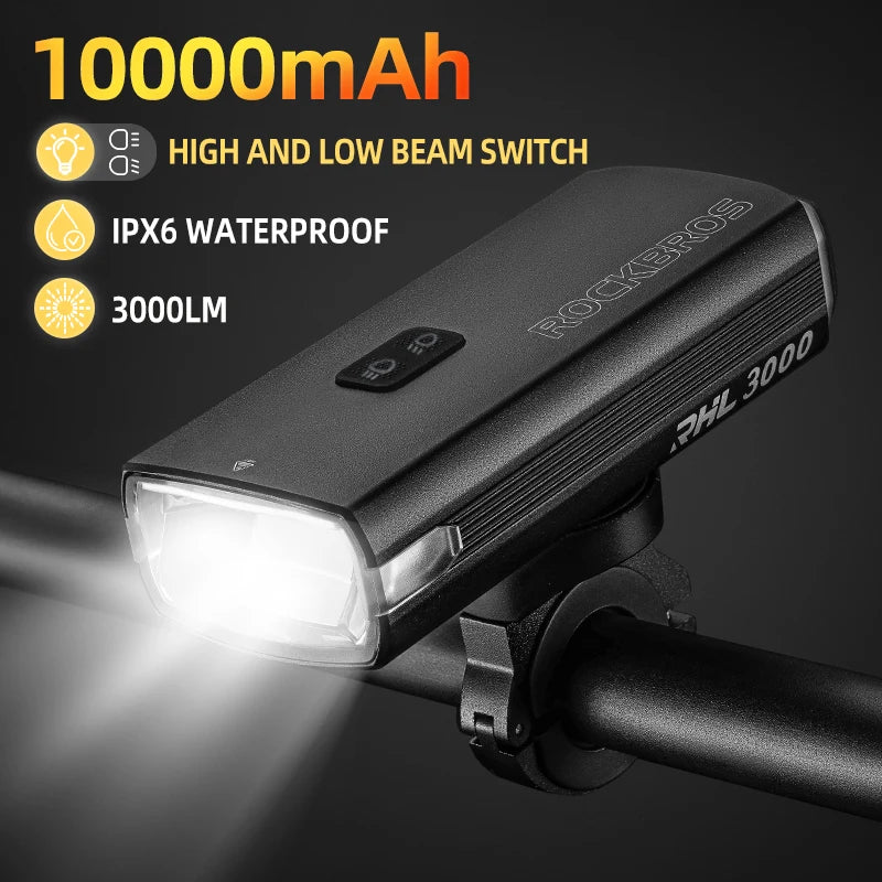 Lampe de vélo Rockbros 3000LM avec fonction feu de croisement et feu de route.