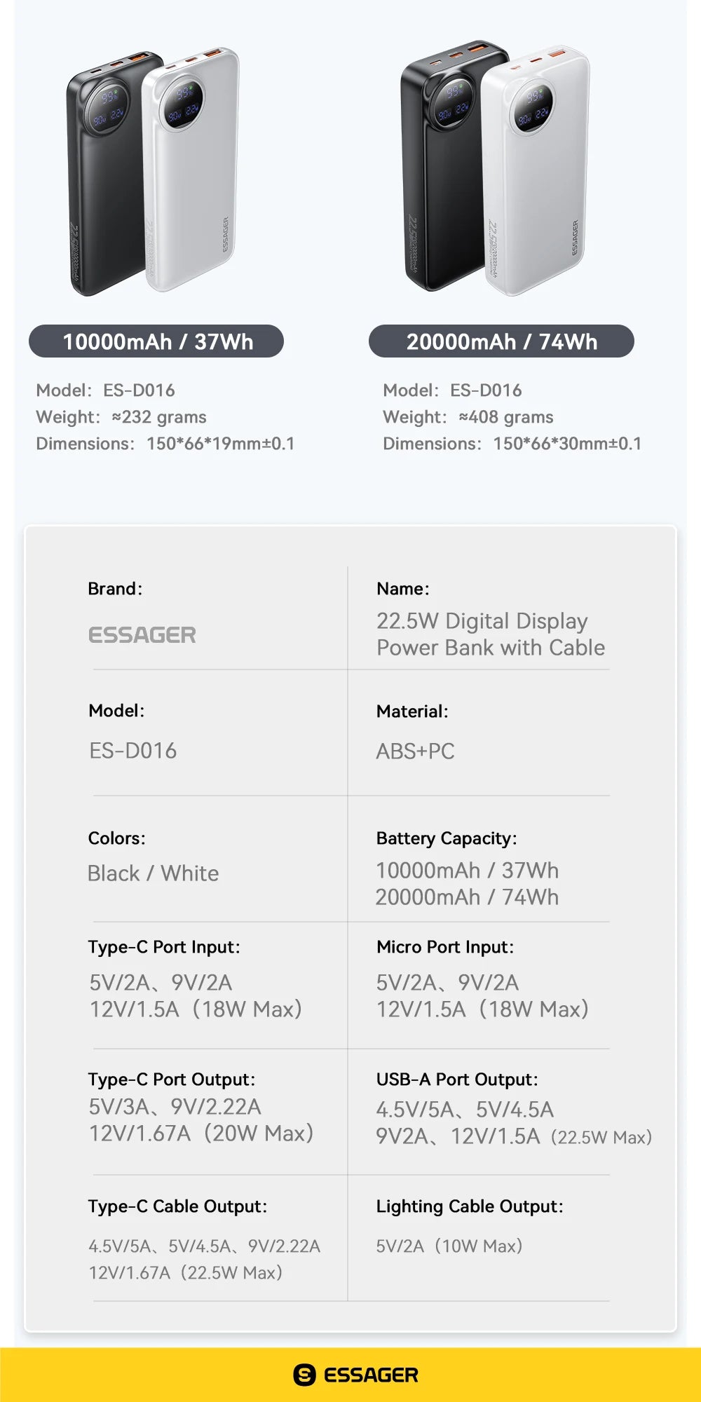Essager power bank 20000mah 22.5 w pd fast charge power bank portable charger for iphone 15 14 13 12 pro max huawei