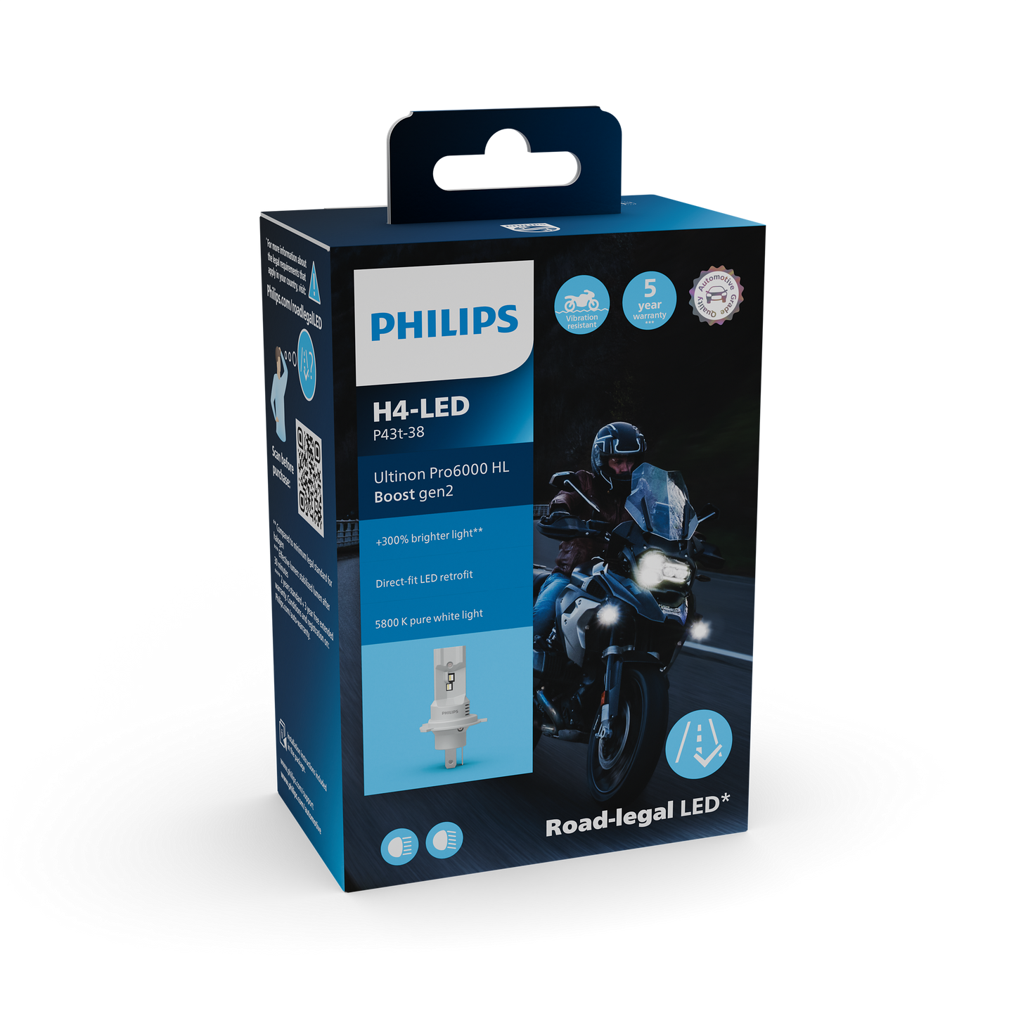 H4 LED Philips PRO6000 BOOST GEN2  Direkt Fit mit Strassenzulassung 300% mehr Licht für Motorrad- 1 Stk.