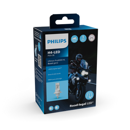 H4 LED Philips PRO6000 BOOST GEN2  Direkt Fit mit Strassenzulassung 300% mehr Licht für Motorrad- 1 Stk.