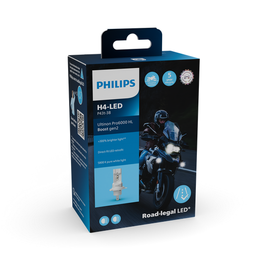 H4 LED Philips PRO6000 BOOST GEN2  Direkt Fit mit Strassenzulassung 300% mehr Licht für Motorrad- 1 Stk.