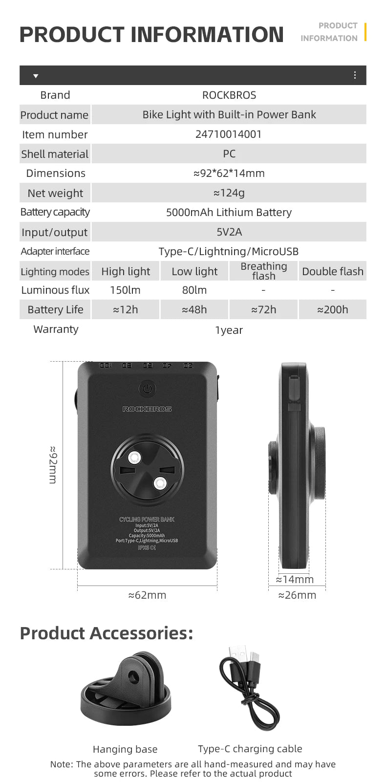 Luce per bicicletta Rockbros 1500LM e batteria power bank 5000 mAh