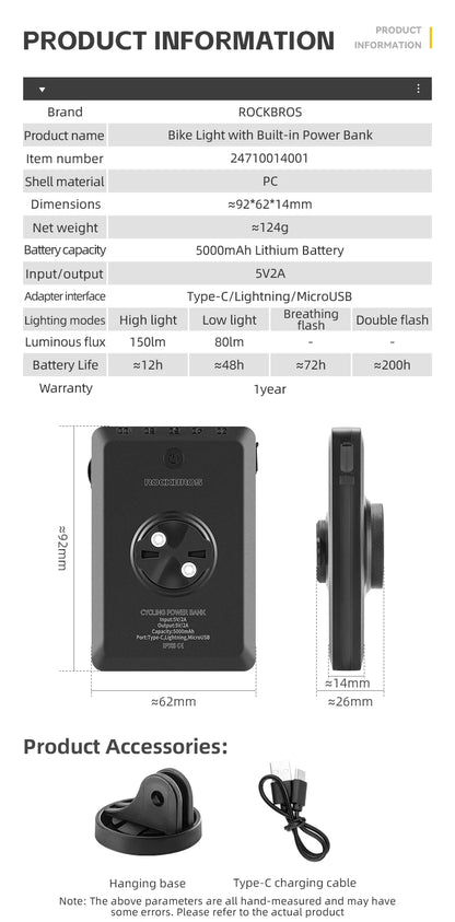 Luce per bicicletta Rockbros 1500LM e batteria power bank 5000 mAh