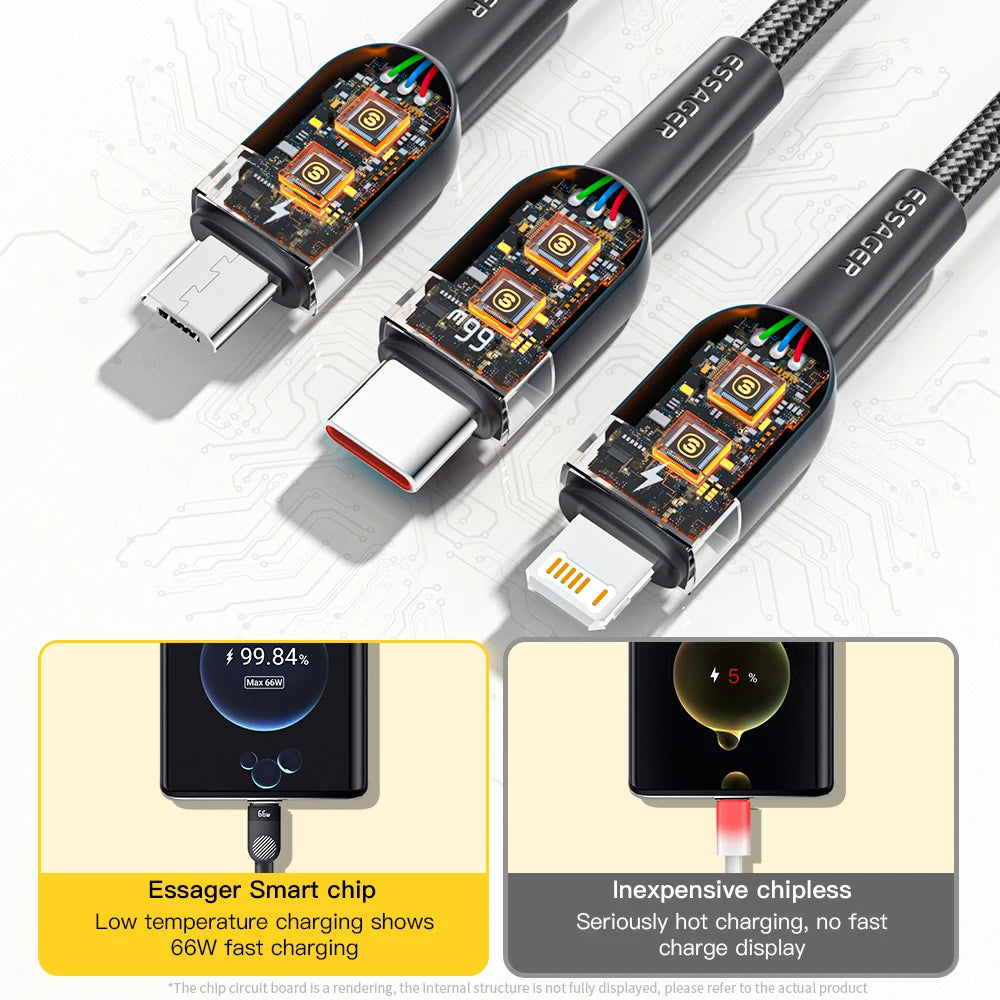 Essager 6A 66W 3 in 1 USB Type C Cable Micro USB Wire For iPhone 13 12 Pro Max samsung Xiaomi Huawei POCO Cell Phone Data Cable