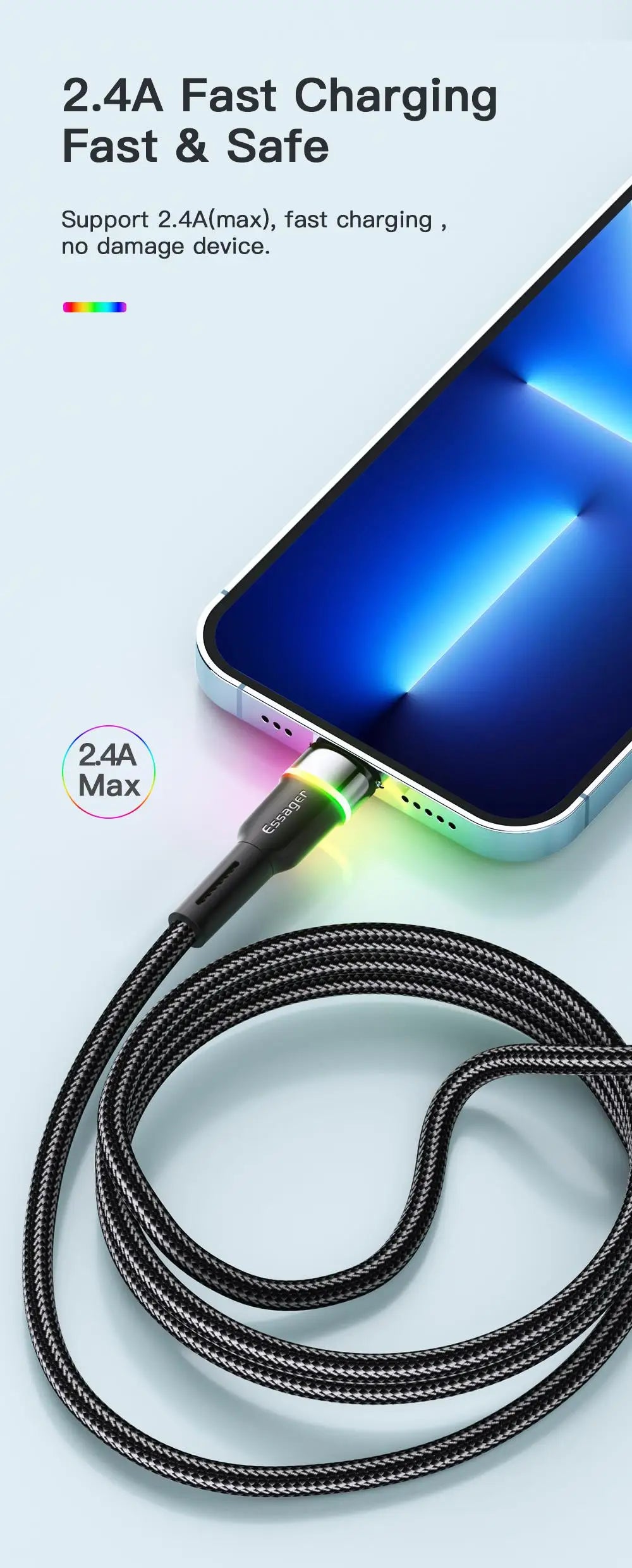 Essager USB Cable For iPhone 14 13 12 11 Pro Xs Max X Xr LED Lightning Fast Charging Phone Data Cable For iPad Data Cord Wire