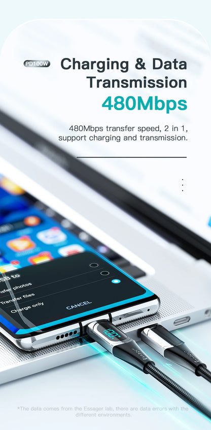 Essager LED Type C to Type C Cable 100W PD QC3.0 Fast Charging Charger USB C to USB C Display Cable For Macbook Xiaomi Samsung