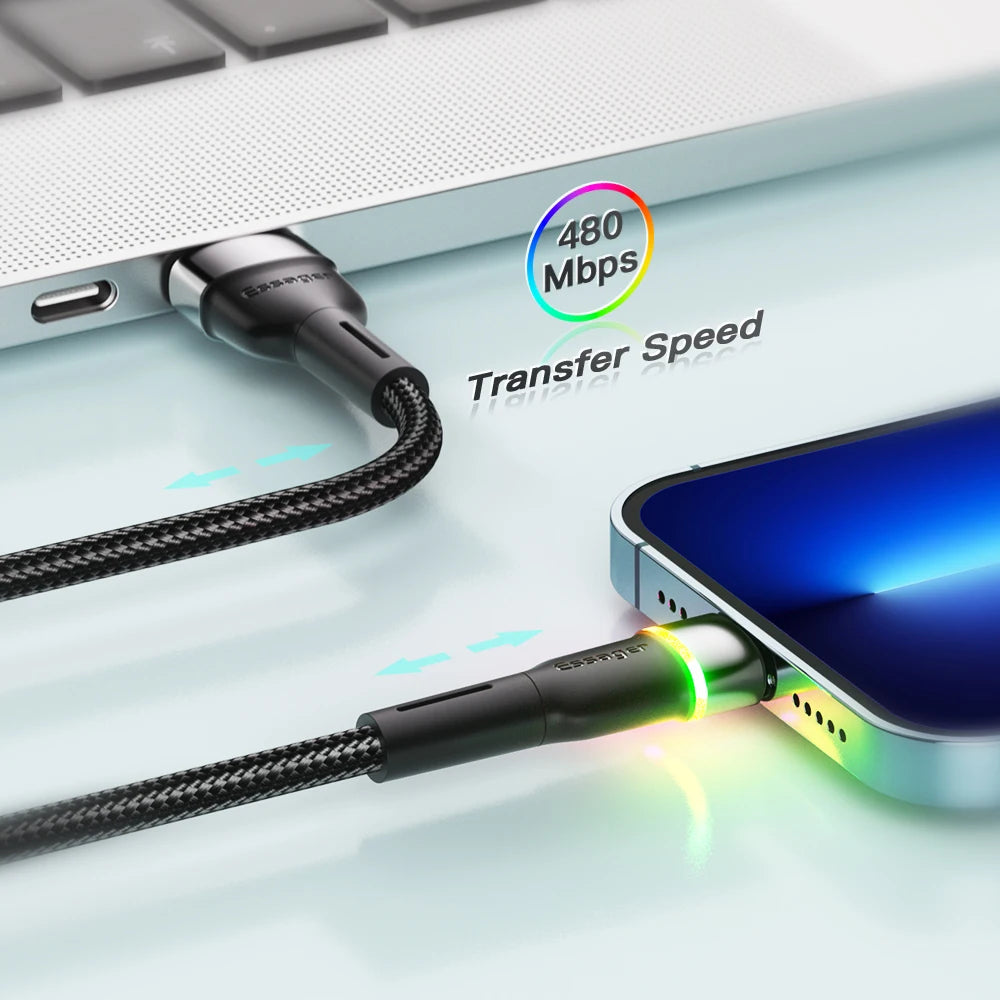 Essager USB Cable For iPhone 14 13 12 11 Pro Xs Max X Xr LED Lightning Fast Charging Phone Data Cable For iPad Data Cord Wire