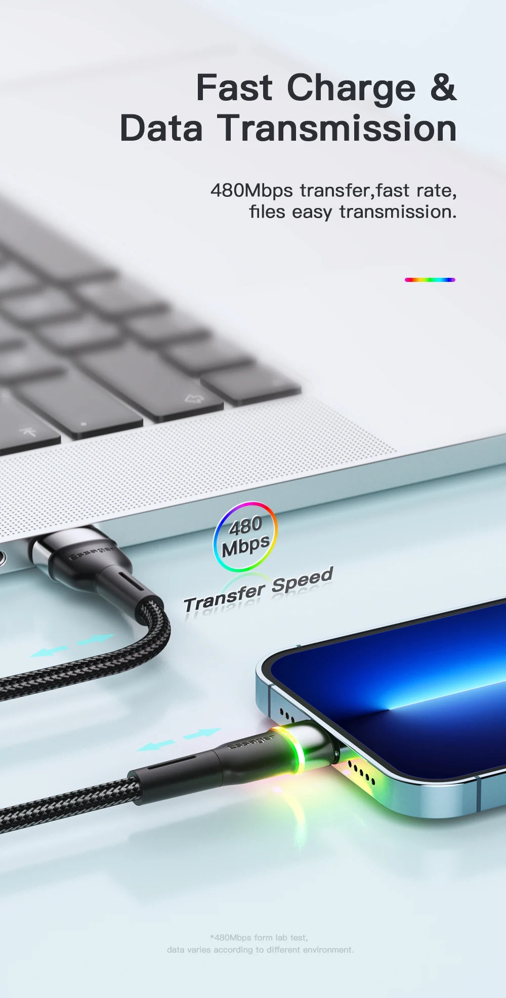 Essager USB Cable For iPhone 14 13 12 11 Pro Xs Max X Xr LED Flash Fast Charging Phone Data Cable For iPad Data Cable Wire