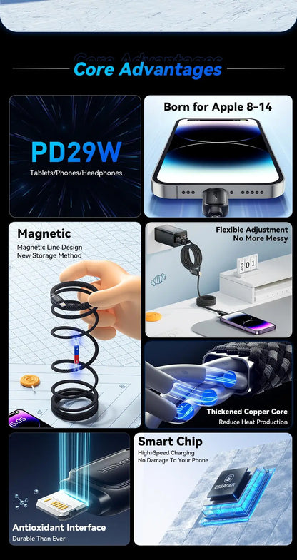 Essager pd 29w type-c vers câble flash 3a charge rapide câble magnétique pour iphone 14 13 12 11 pro max xs plus ipad macbook
