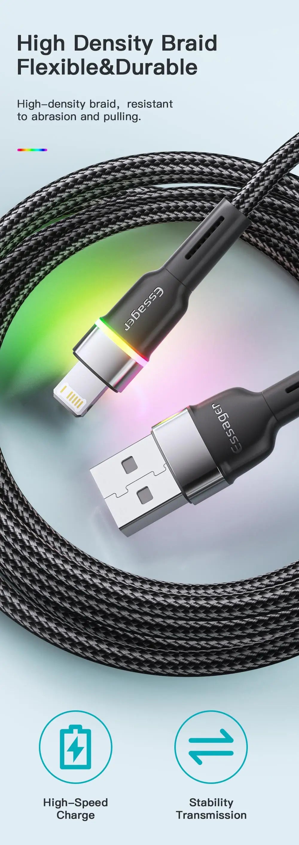 Essager USB Cable For iPhone 14 13 12 11 Pro Xs Max X Xr LED Flash Fast Charging Phone Data Cable For iPad Data Cable Wire