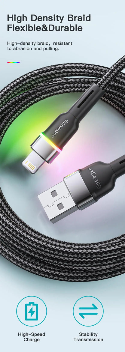 Essager USB Cable For iPhone 14 13 12 11 Pro Xs Max X Xr LED Flash Fast Charging Phone Data Cable For iPad Data Cable Wire