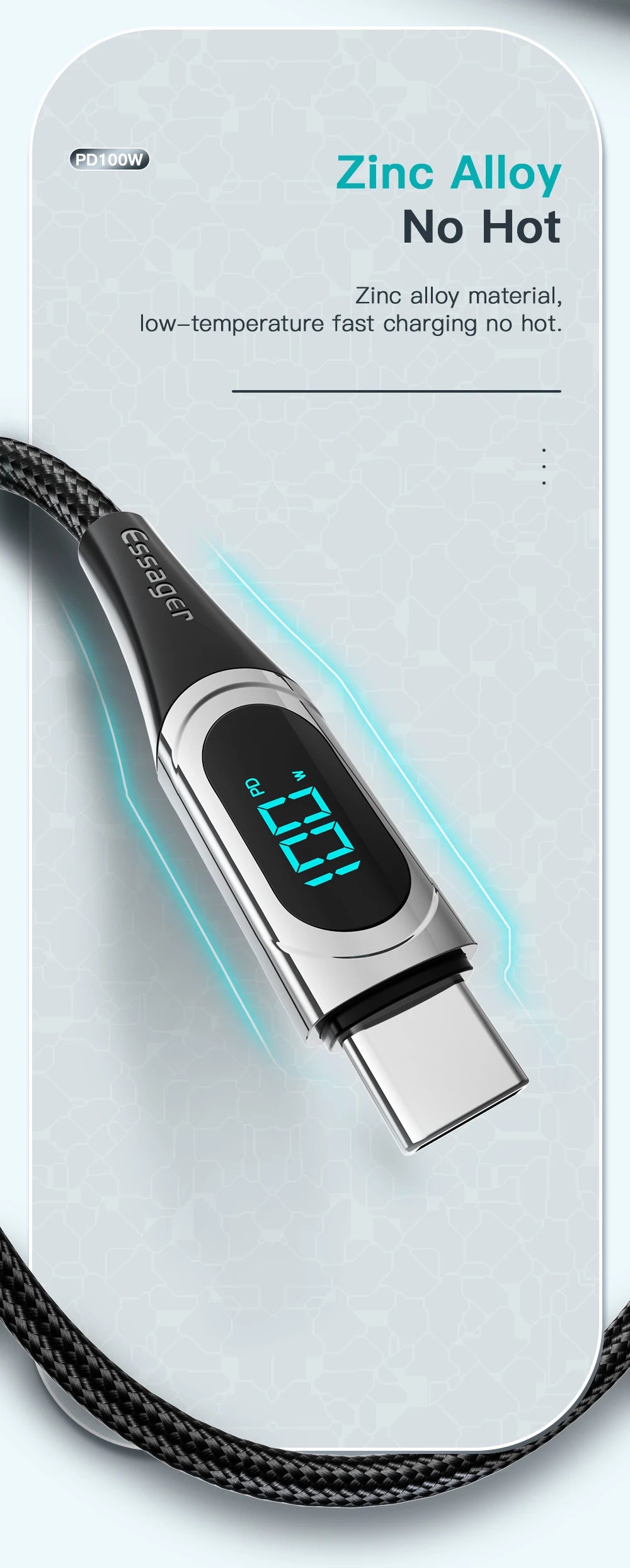 Essager LED Type C to Type C Cable 100W PD QC3.0 Fast Charging Charger USB C to USB C Display Cable For Macbook Xiaomi Samsung