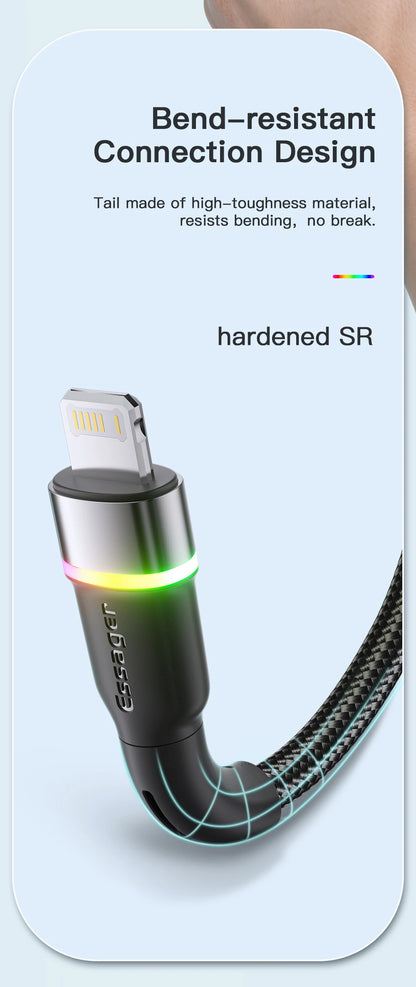 Essager USB Cable For iPhone 14 13 12 11 Pro Xs Max X Xr LED Lightning Fast Charging Phone Data Cable For iPad Data Cord Wire