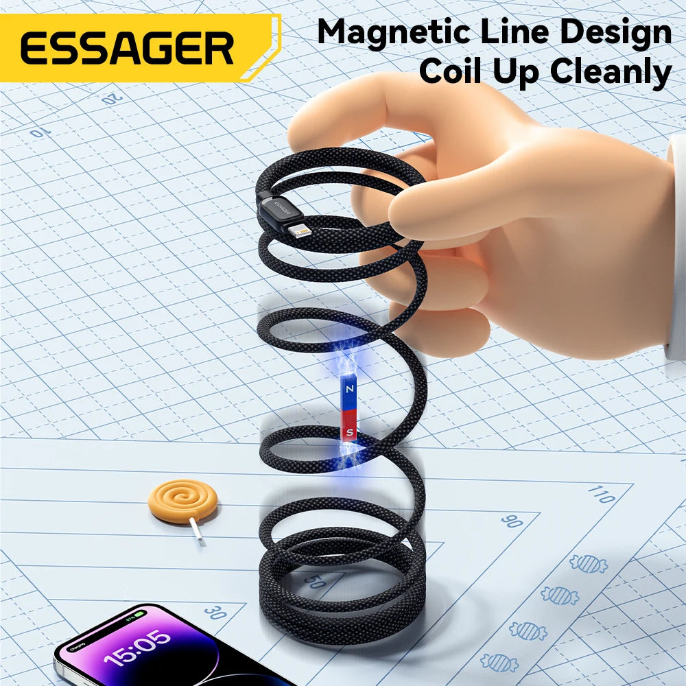 Essager pd 29w type-c vers câble flash 3a charge rapide câble magnétique pour iphone 14 13 12 11 pro max xs plus ipad macbook