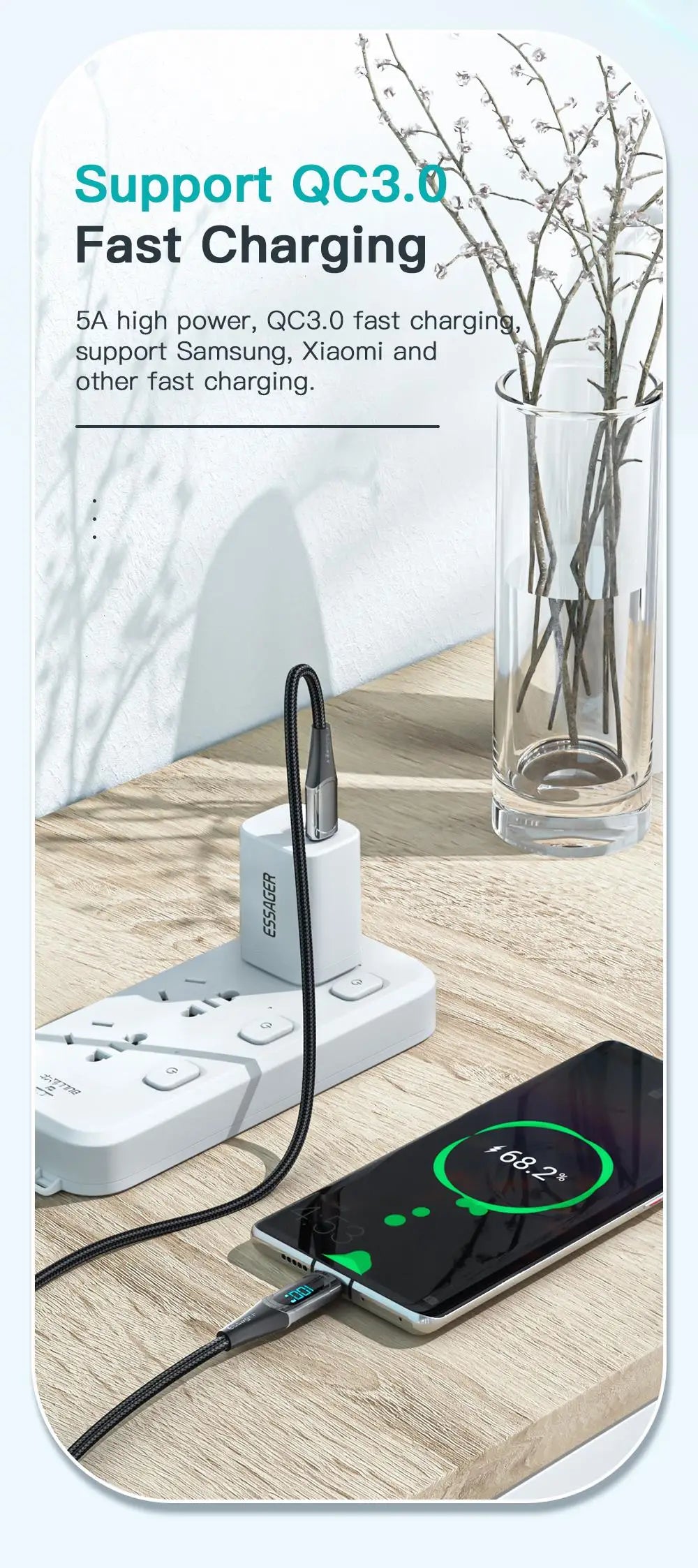 Essager LED Type C vers Type C Câble 100W PD QC 3,0 Chargeur rapide USB C vers USB C Câble d'affichage Pour Macbook Xiaomi Samsung