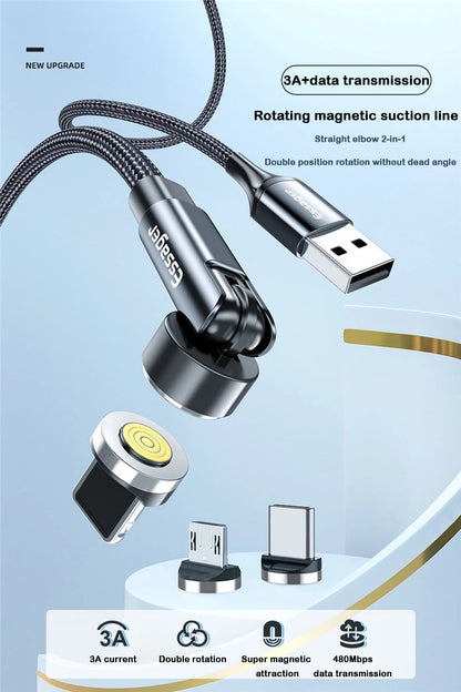 Essager 540 ruota cavo magnetico 3a ricarica veloce Micro usb tipo C cavo per Iphone Xiaomi magnete caricabatterie telefono cavo dati