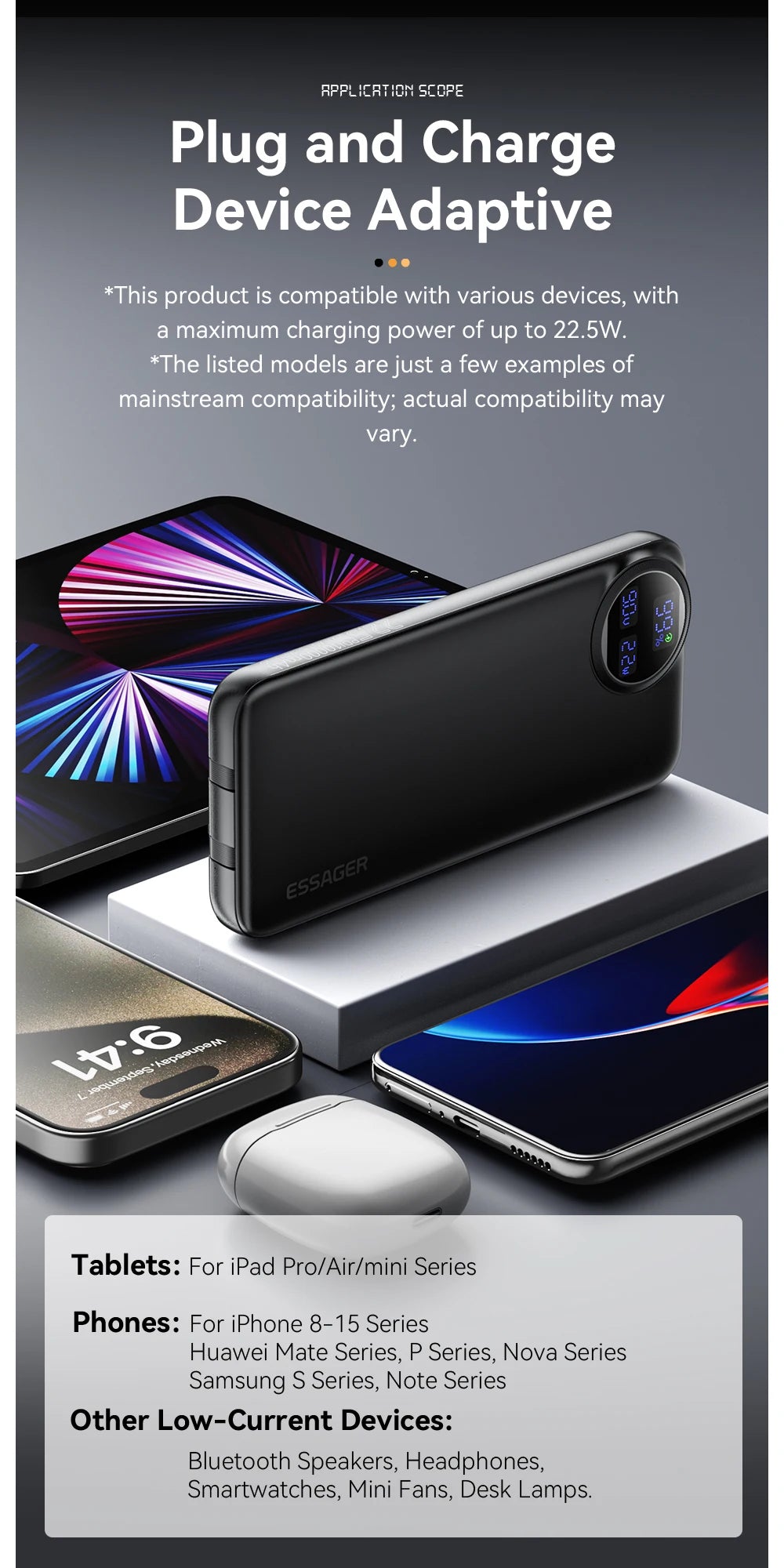 Essager power bank 20000mah 22.5 w pd fast charge power bank portable charger for iphone 15 14 13 12 pro max huawei
