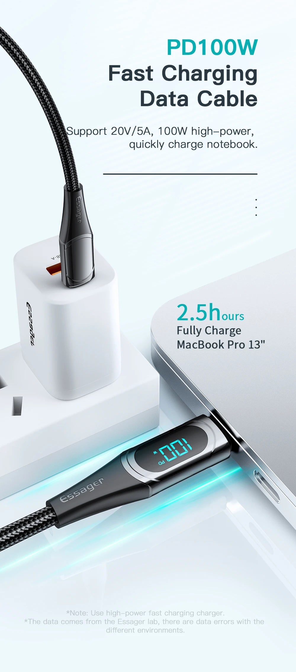 Essager LED Type C to Type C Cable 100W PD QC3.0 Fast Charging Charger USB C to USB C Display Cable For Macbook Xiaomi Samsung