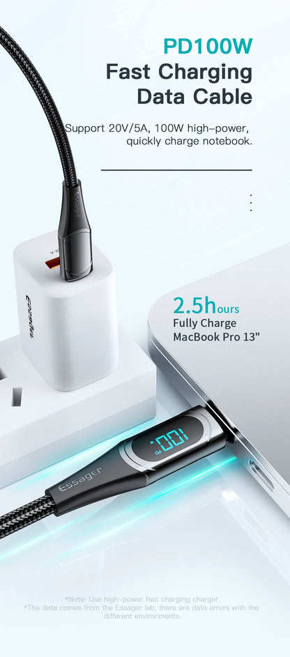 Essager LED Type C vers Type C Câble 100W PD QC 3,0 Chargeur rapide USB C vers USB C Câble d'affichage Pour Macbook Xiaomi Samsung