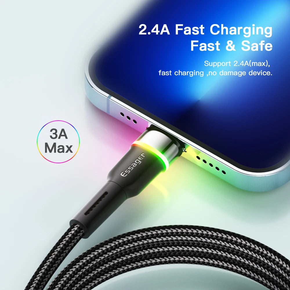 Essager USB Cable For iPhone 14 13 12 11 Pro Xs Max X Xr LED Lightning Fast Charging Phone Data Cable For iPad Data Cord Wire