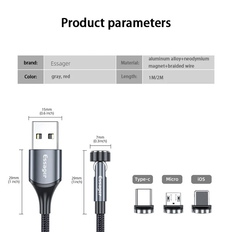 Essager 540 drehbares Magnetkabel 3a Schnellladung Micro-USB-Typ-C-Kabel für iPhone Xiaomi Magnet-Ladegerät Telefon-Draht-Kabel Daten