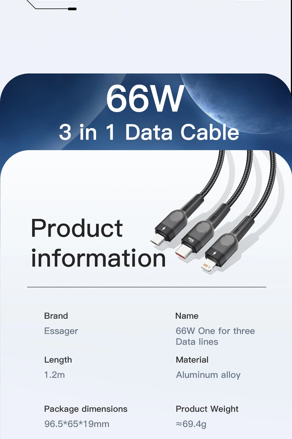 Essager 6A 66W 3 in 1 USB Type C Cable Micro USB Wire For iPhone 13 12 Pro Max samsung Xiaomi Huawei POCO Cell Phone Data Cable