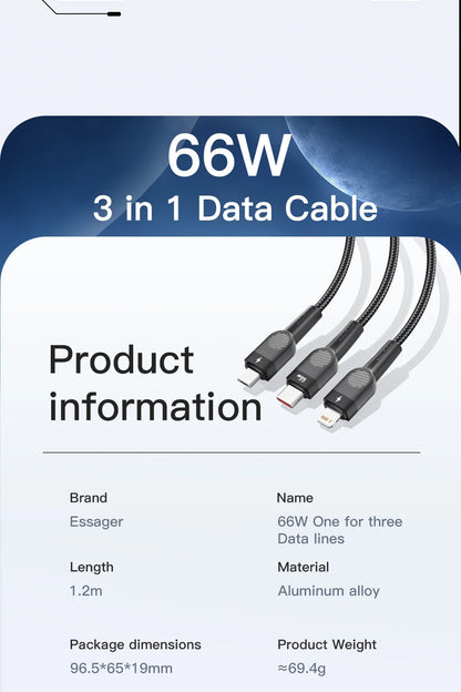 Essager 6A 66W 3 in 1 USB Type C Cable Micro USB Wire For iPhone 13 12 Pro Max samsung Xiaomi Huawei POCO Cell Phone Data Cable