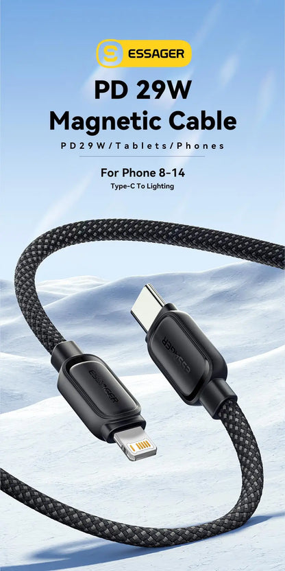 Essager pd 29w type-c vers câble flash 3a charge rapide câble magnétique pour iphone 14 13 12 11 pro max xs plus ipad macbook