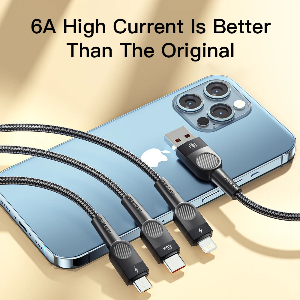 Essager 6A 66W 3 in 1 USB Type C Cable Micro USB Wire For iPhone 13 12 Pro Max samsung Xiaomi Huawei POCO Cell Phone Data Cable