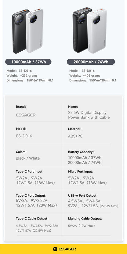 Essager power bank 20000mah 22.5 w pd fast charge power bank portable charger for iphone 15 14 13 12 pro max huawei