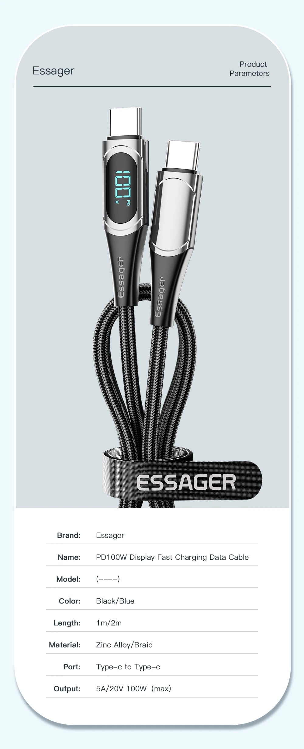 Essager LED Type C vers Type C Câble 100W PD QC 3,0 Chargeur rapide USB C vers USB C Câble d'affichage Pour Macbook Xiaomi Samsung