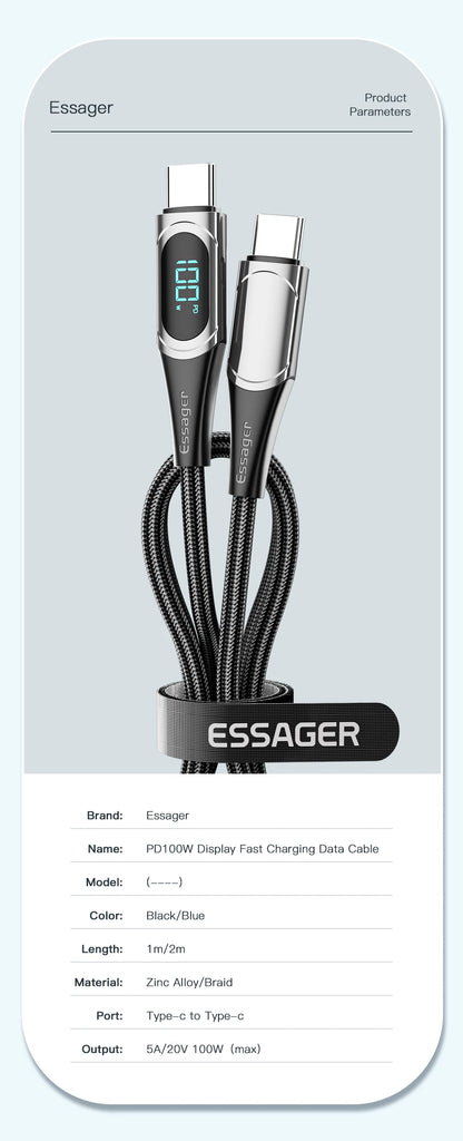 Essager LED Type C vers Type C Câble 100W PD QC 3,0 Chargeur rapide USB C vers USB C Câble d'affichage Pour Macbook Xiaomi Samsung