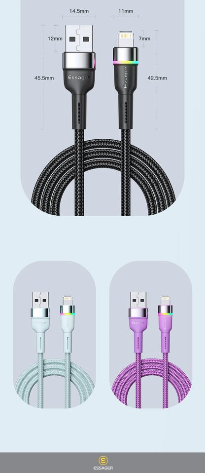 Essager USB Cable For iPhone 14 13 12 11 Pro Xs Max X Xr LED Lightning Fast Charging Phone Data Cable For iPad Data Cord Wire