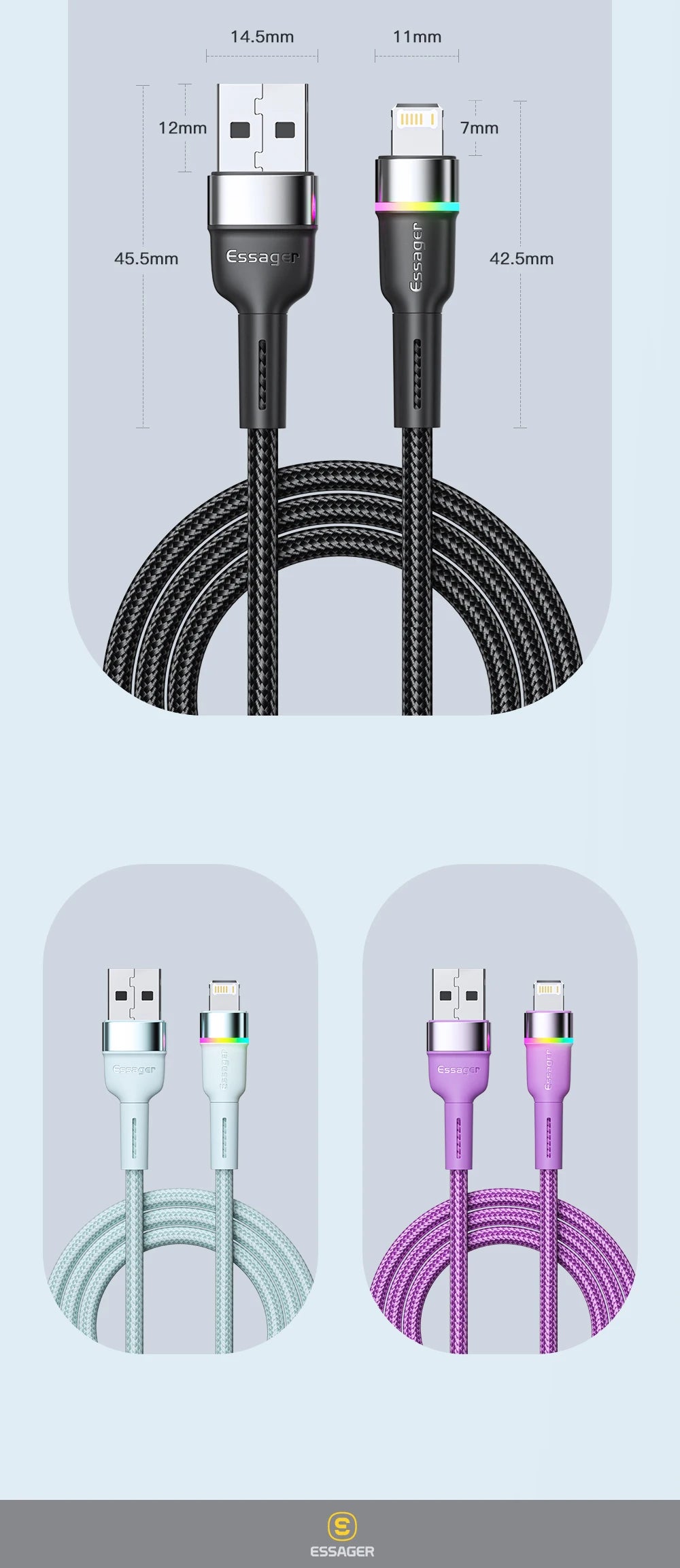 Essager USB Cable For iPhone 14 13 12 11 Pro Xs Max X Xr LED Flash Fast Charging Phone Data Cable For iPad Data Cable Wire