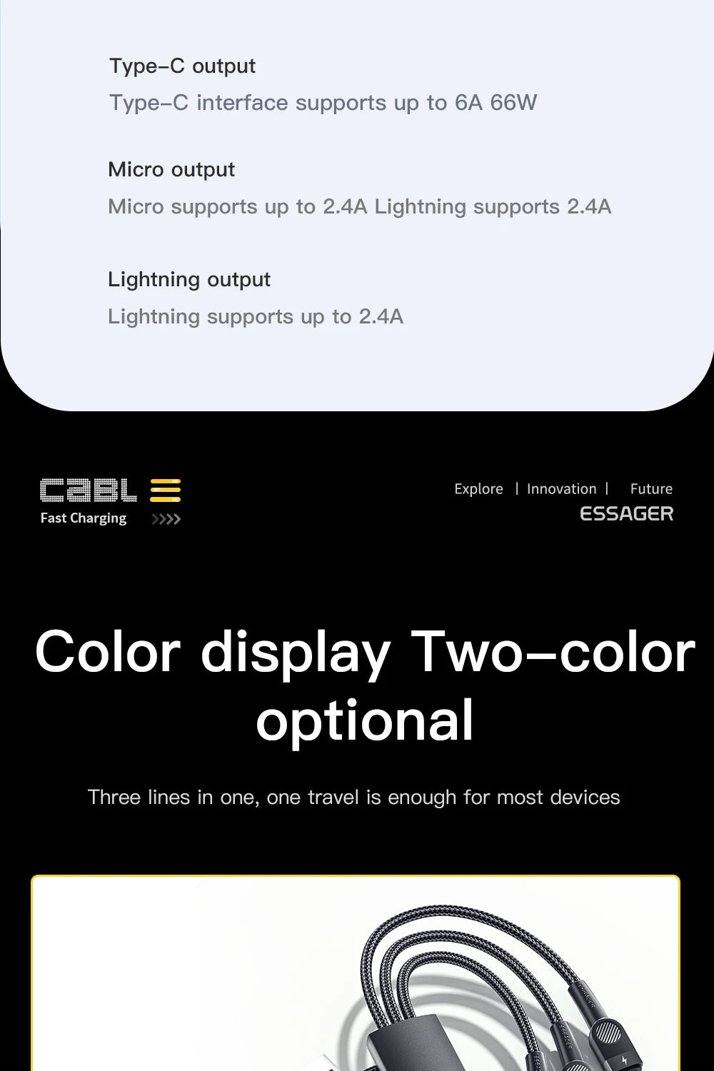 Essager 6A 66W 3 in 1 USB Type C Cable Micro USB Wire For iPhone 13 12 Pro Max samsung Xiaomi Huawei POCO Cell Phone Data Cable