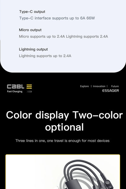 Essager 6A 66W 3 in 1 USB Type C Cable Micro USB Wire For iPhone 13 12 Pro Max samsung Xiaomi Huawei POCO Cell Phone Data Cable