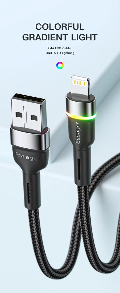 Essager USB Cable For iPhone 14 13 12 11 Pro Xs Max X Xr LED Lightning Fast Charging Phone Data Cable For iPad Data Cord Wire