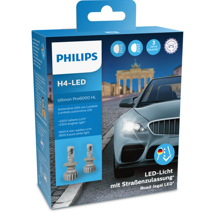 LED- H4 LED "Philips Ultinon" PRO6000 12V/ CON OMOLOGAZIONE STRADALE.